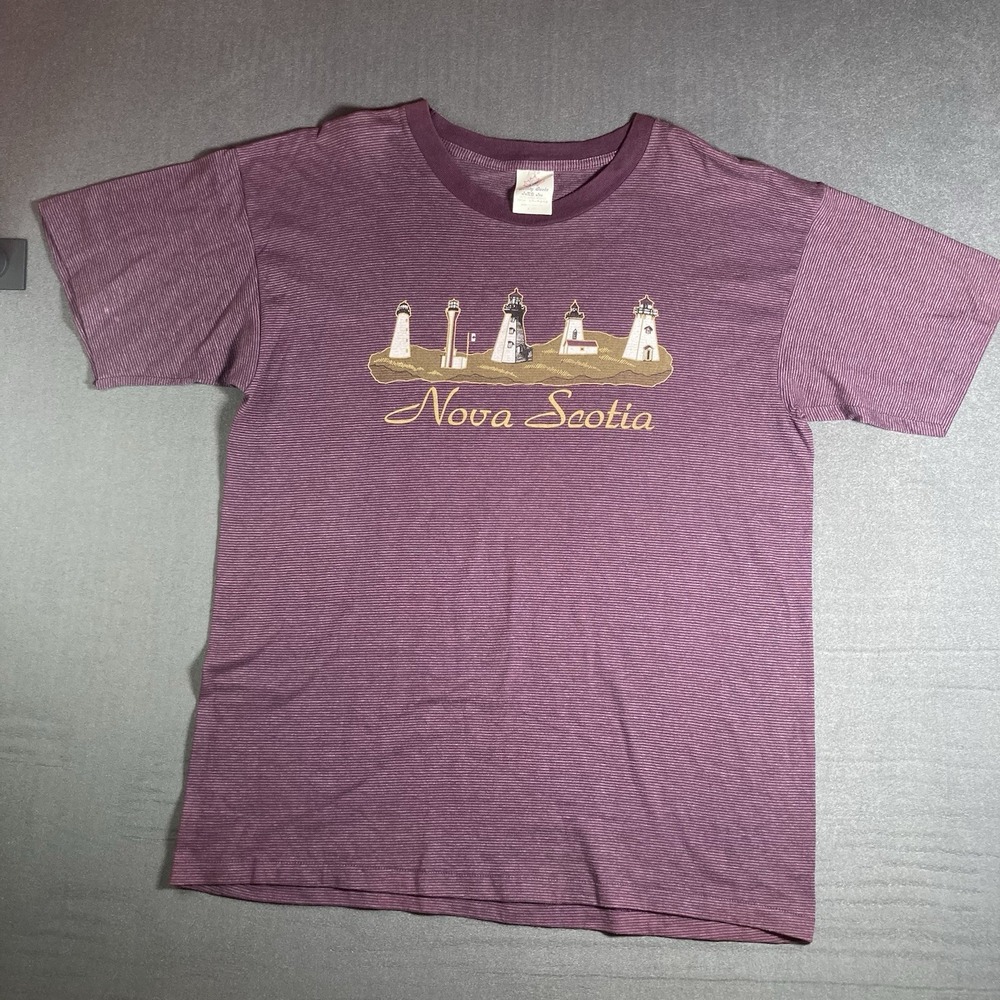 Vintage 80s J.M.D. Inc Nova Scotia Single Stitch Striped Burgundy Shirt L